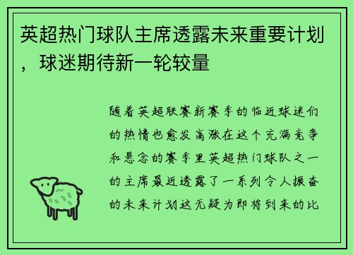 英超热门球队主席透露未来重要计划，球迷期待新一轮较量